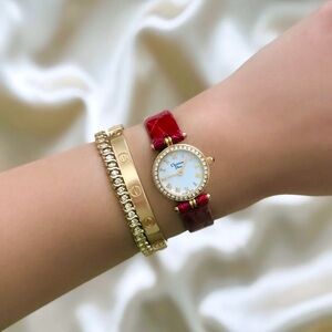 AUTHENTIC RARE VINTAGE DIOR MOTHER-OF-PEARL & DIAMOND RED LEATHER WATCH
